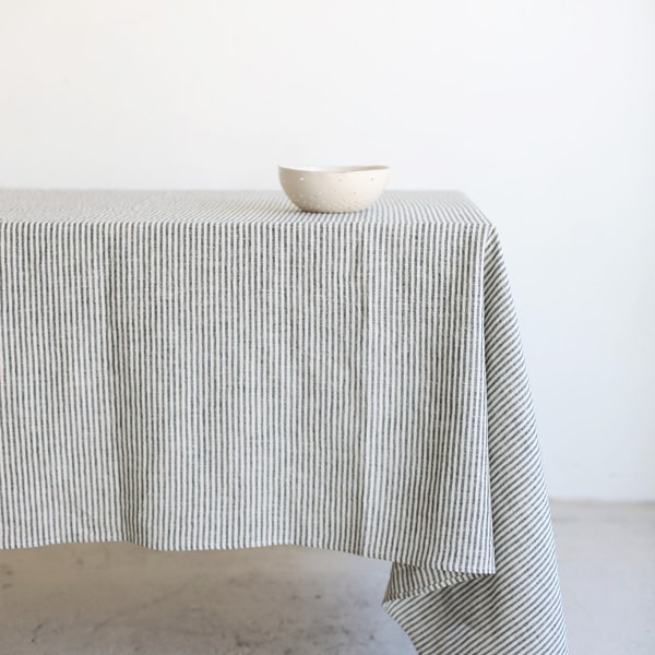 Linen dinning tablecloth, Easter table cloth from stonewashed linen, Round outdoor striped soft linens tablecloth