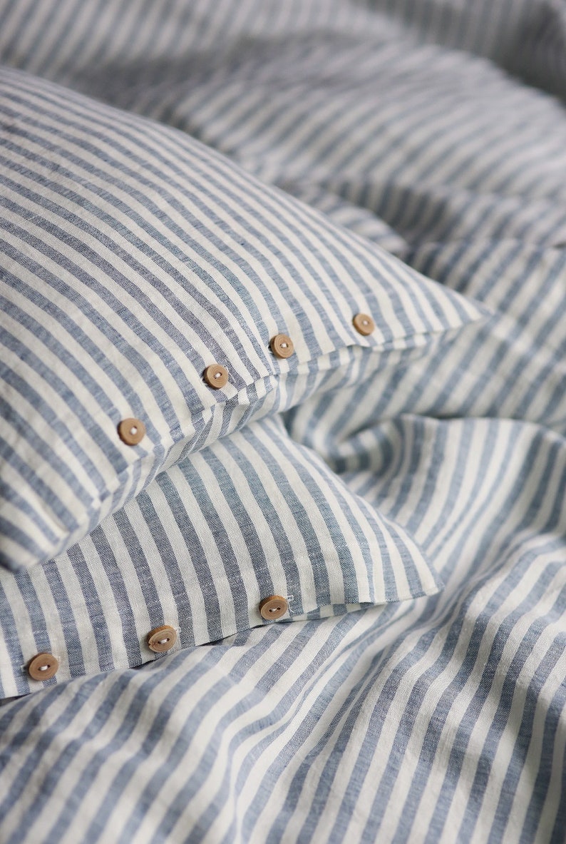 Striped linen bedding set. Blue and white striped duvet cover with pillowcases. image 5