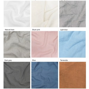 May include: A collection of fabric swatches in various colors, including white, ivory, light grey, natural linen, blush pink, light blue, dark grey, blue, and terracotta.
