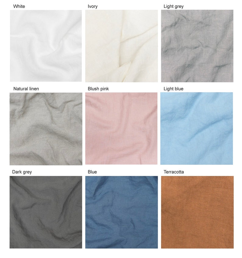 May include: A collection of fabric swatches in various colors, including white, ivory, light grey, natural linen, blush pink, light blue, dark grey, blue, and terracotta.