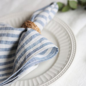 Blue striped linen napkins. SET of natural linen napkins. Table linen decor.
