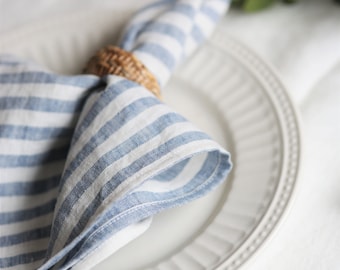 Blue striped linen napkins. SET of natural linen napkins. Table linen decor.