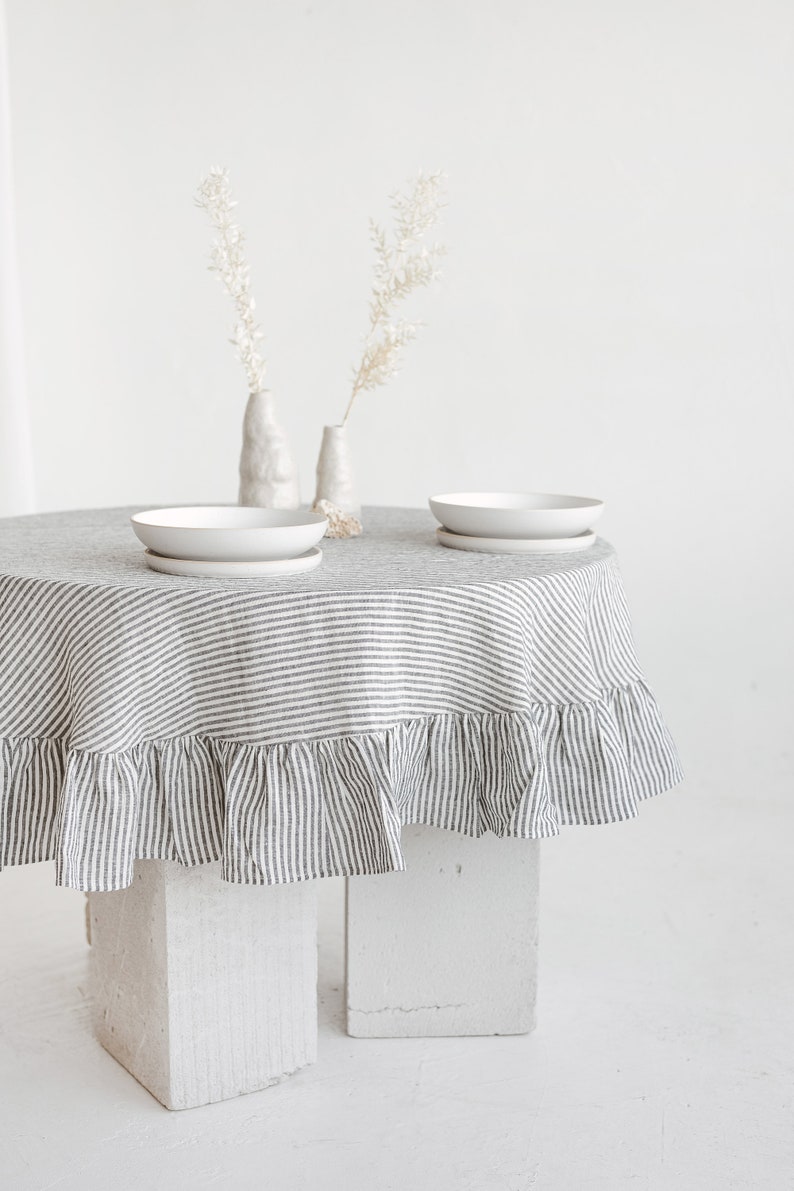Round ruffle tablecloth from stonewashed linen, Easter linen tablecloth with ruffle, Custom size linens cloth, Romantic wedding table linens image 10
