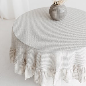 Round ruffle tablecloth from stonewashed linen, Easter linen tablecloth with ruffle, Custom size linens cloth, Romantic wedding table linens Natural with white