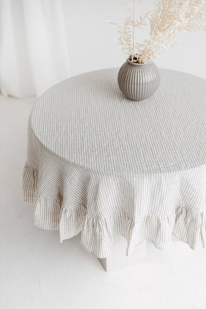 Round ruffle tablecloth from stonewashed linen, Easter linen tablecloth with ruffle, Custom size linens cloth, Romantic wedding table linens Natural with white