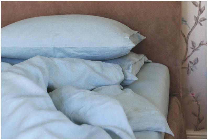 Funda nórdica y fundas de almohada de lino azul a rayas Juego de ropa de cama de lino azul Ropa de cama Queen king imagen 6