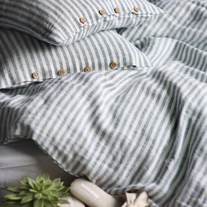 Striped linen bedding set. Blue and white striped duvet cover with pillowcases. image 6