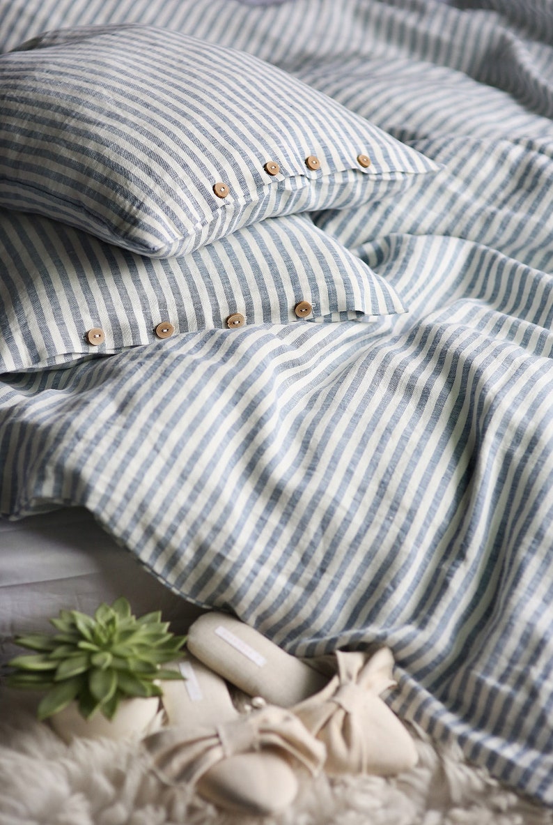 Striped linen bedding set. Blue and white striped duvet cover with pillowcases. image 6