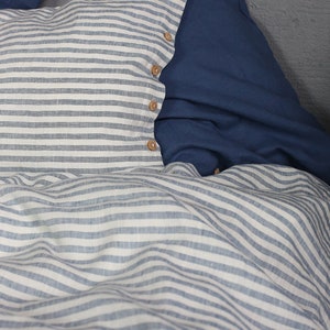 Striped linen bedding set. Blue and white striped duvet cover with pillowcases. image 4