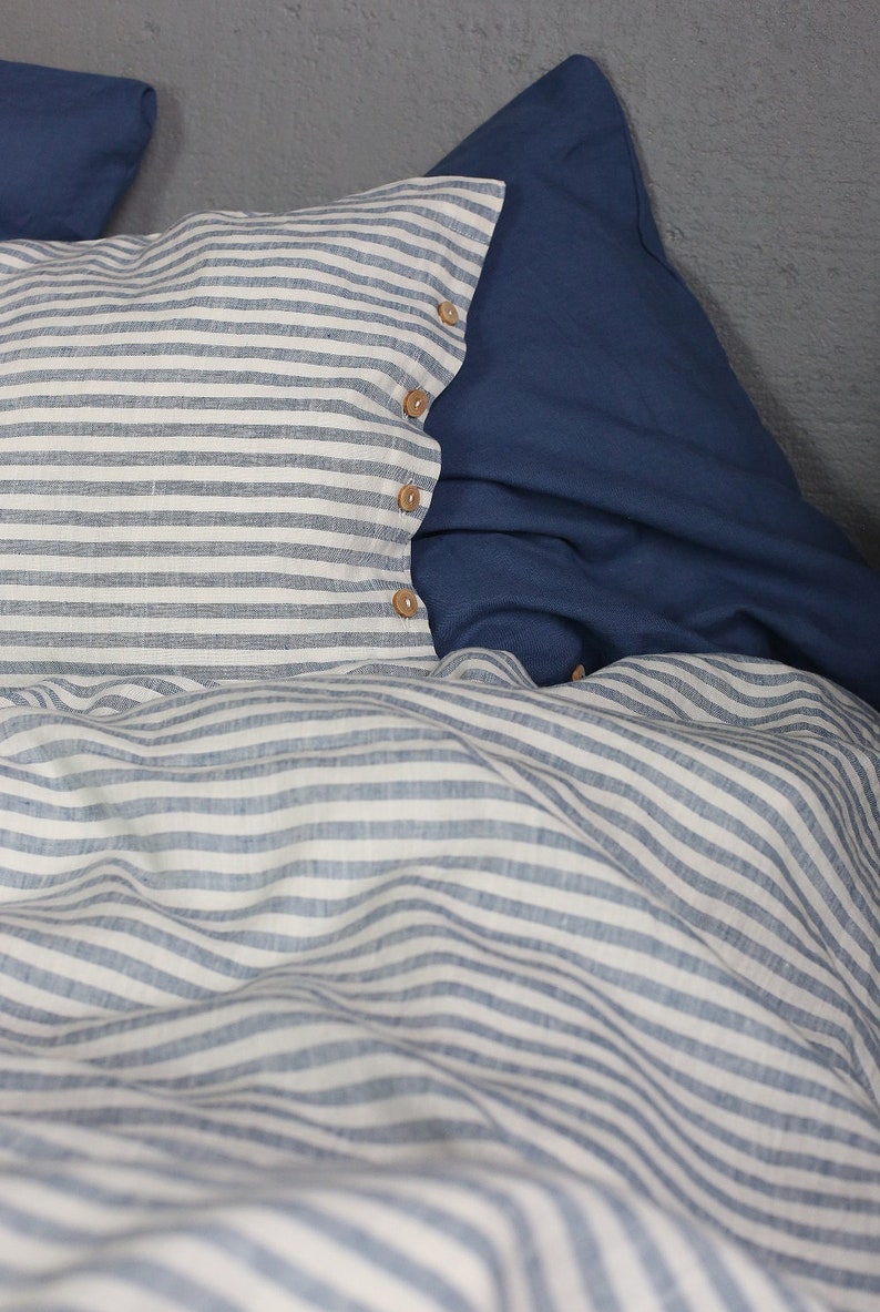 Striped linen bedding set. Blue and white striped duvet cover with pillowcases. image 4