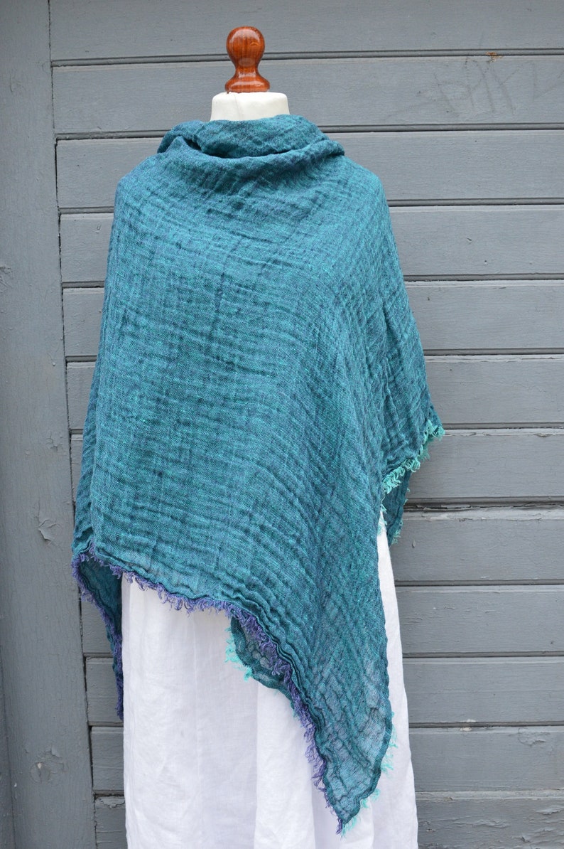 Large Linen Shawl Wrap for Winter Blue Green Melange Etsy