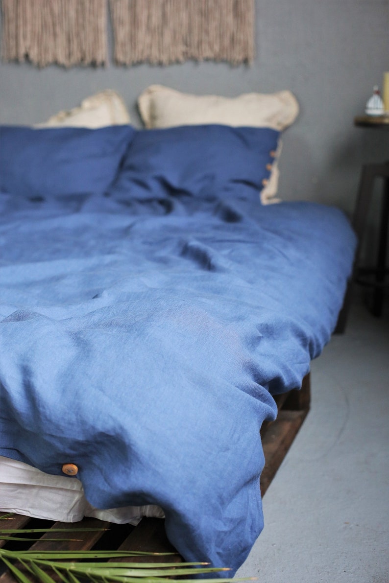 Striped blue linen duvet cover and pillowcases Blue linen bedding set Queen king bedding 画像 4