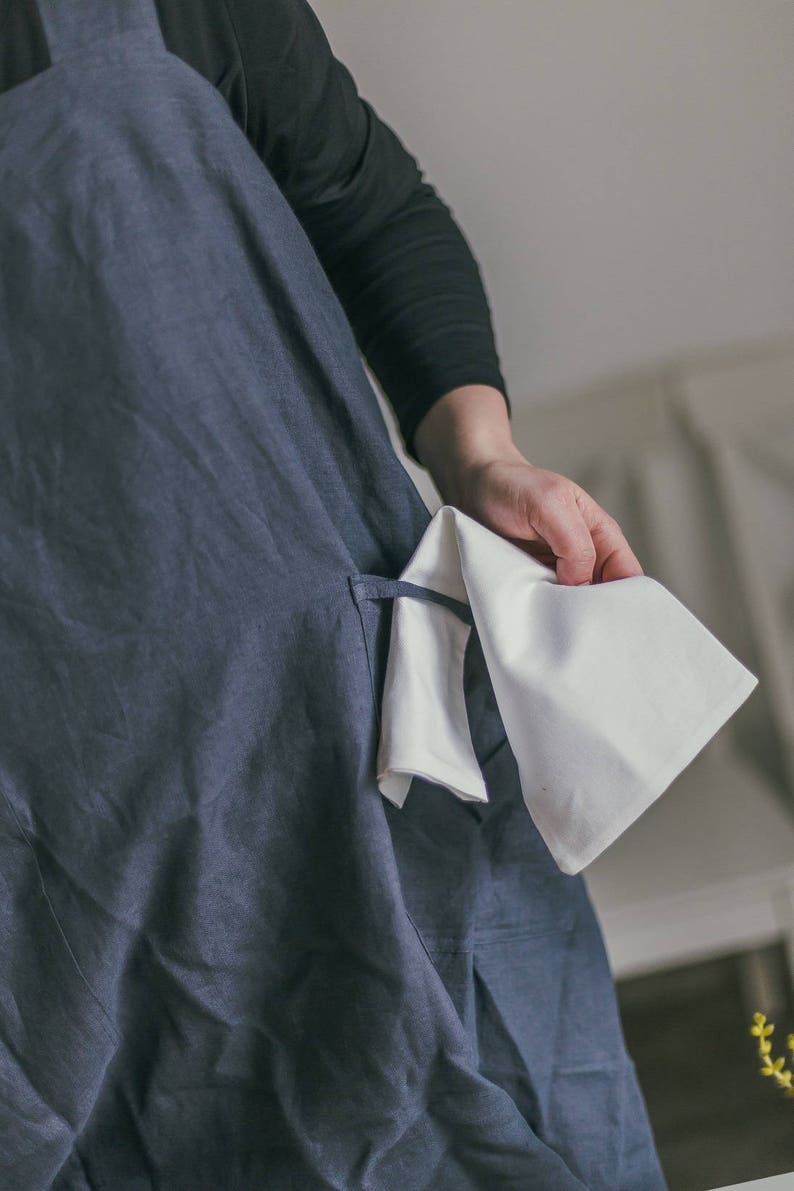 Pinafore apron, japanese apron, kitchen apron, linen apron, apron with pockets, women apron, grey apron, cooking apron image 5