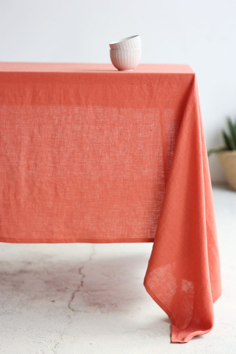 Linen tablecloth for dining in coral color, Kitchen custom tablecloth, Rectangle table linens, Handmade Christmas tablecloth image 1