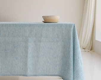 Linen tablecloth blue or black striped handmade from stonewashed linen - Square, round, rectangular table linens