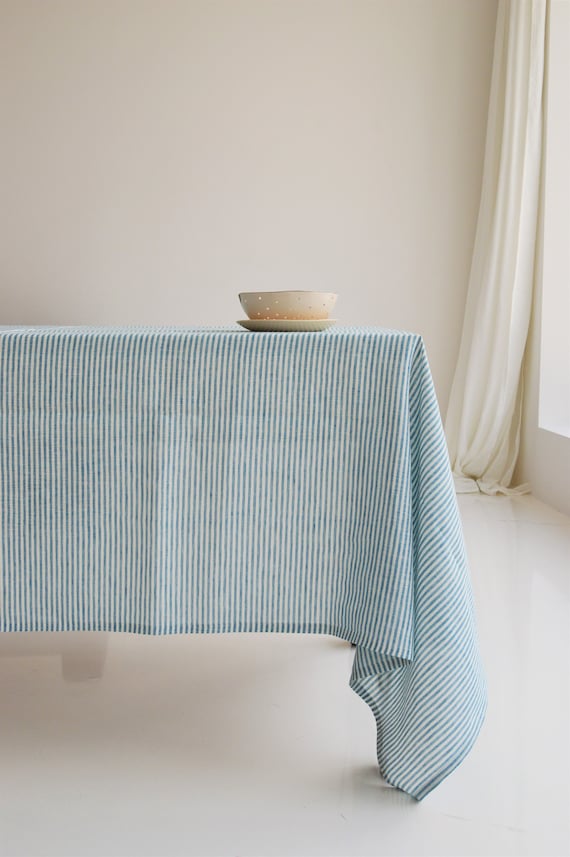 Linen tablecloth blue or black striped handmade from stonewashed linen - Square, round, rectangular table linens