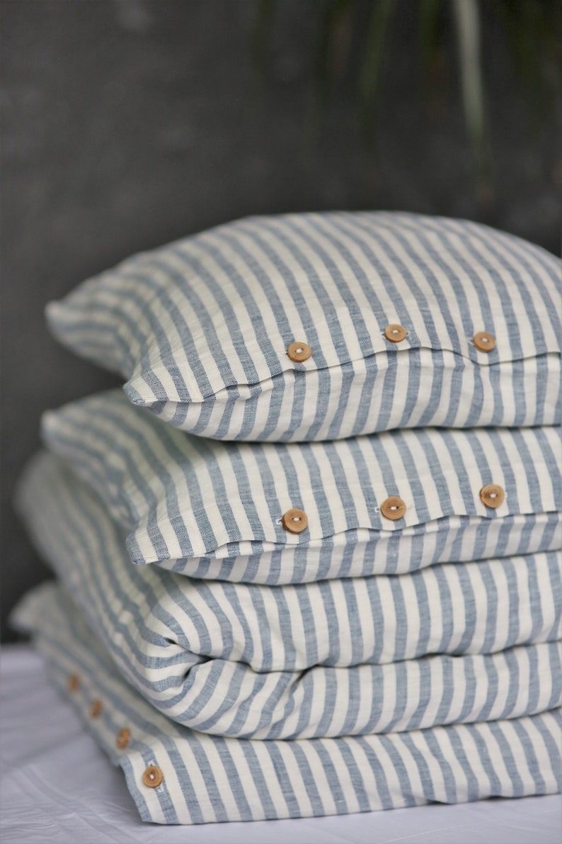 Striped blue linen duvet cover and pillowcases Blue linen bedding set Queen king bedding 画像 2
