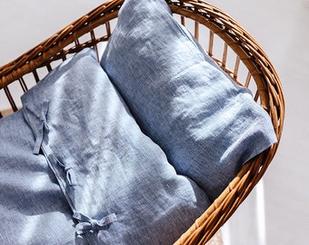 Ropa de cama para niños de lino en azul o rosa - Funda de edredón y funda de almohada para bebés, niños pequeños, niños, recién nacidos