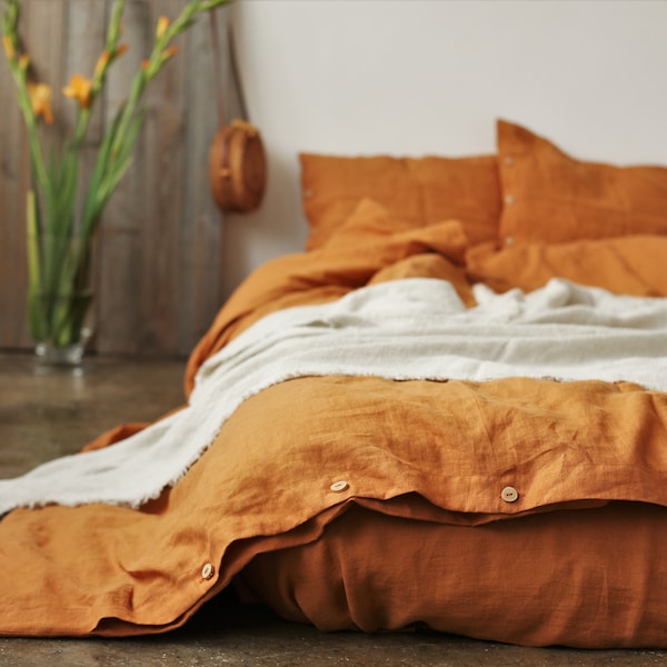 Linen bedding set. Linen duvet cover terracotta color. King, Queen linen bedding. Custom linen bedding.