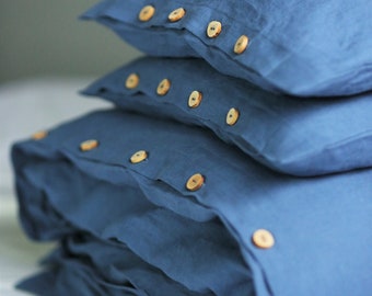 Linen bedding set blue color. Linen duvet cover with 2 pillowcases. Queen duvet cover