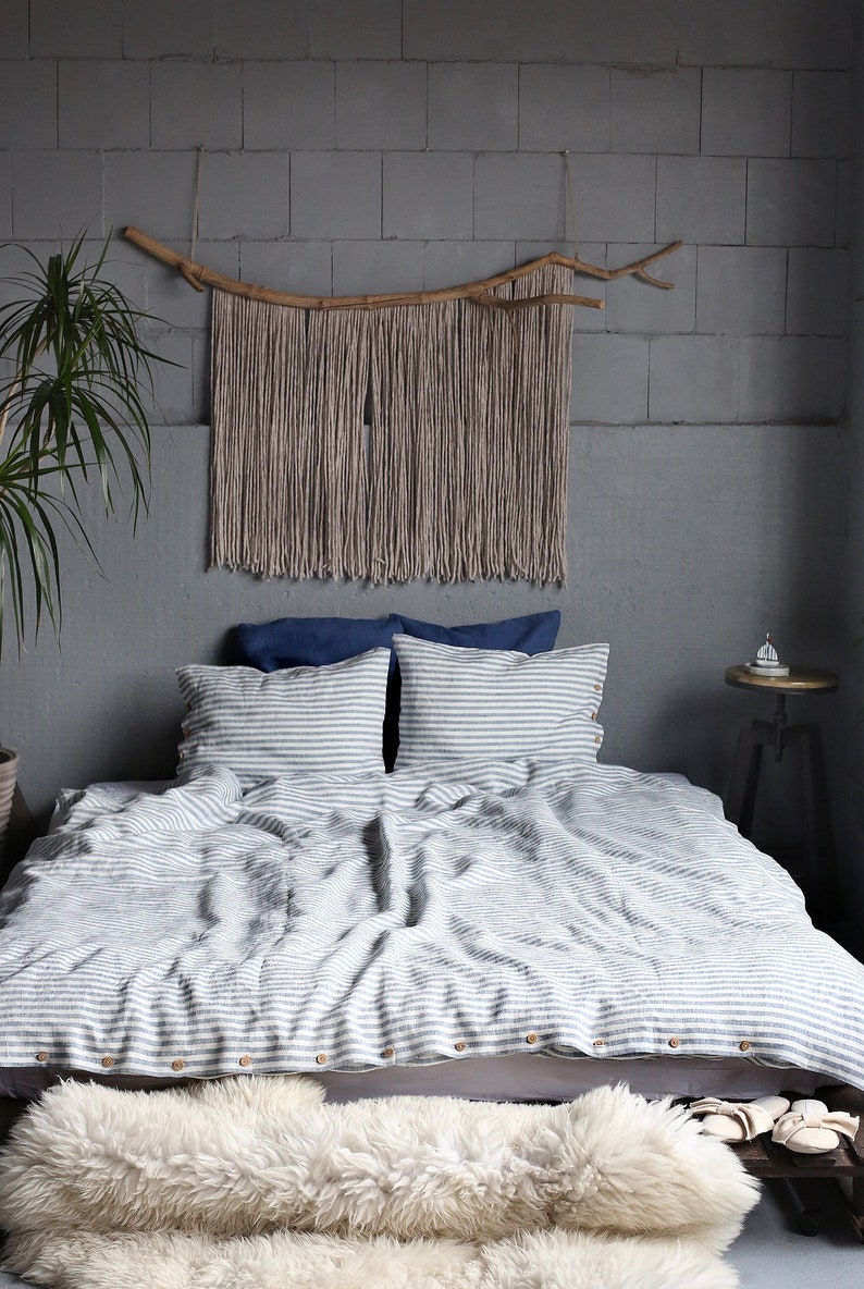 Striped linen bedding set. Blue and white striped duvet cover with pillowcases. image 9