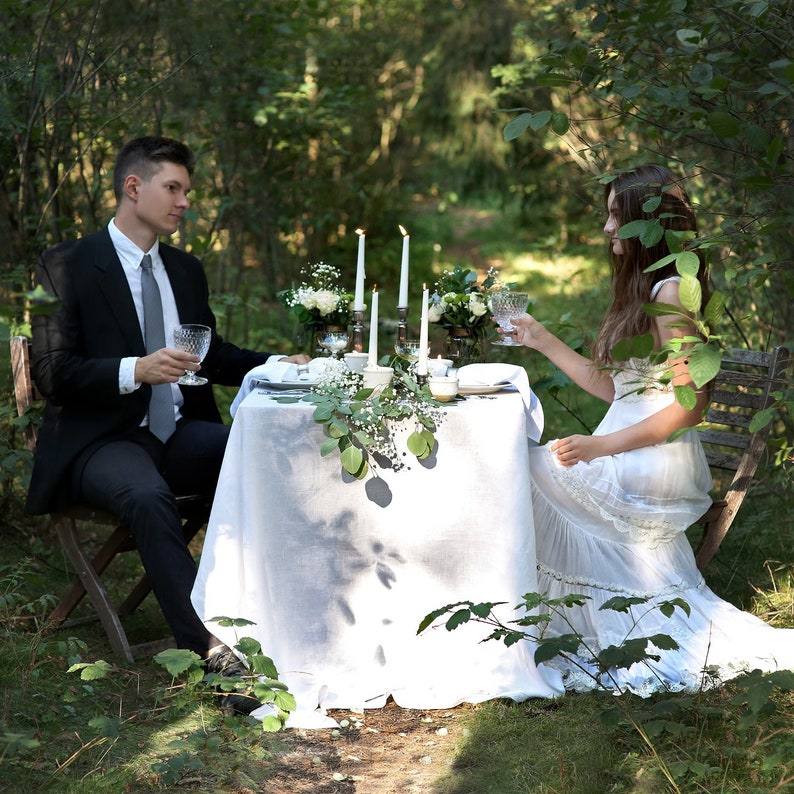 White wedding tablecloth made from stonewashed linen Party table top Restaurant table image 2