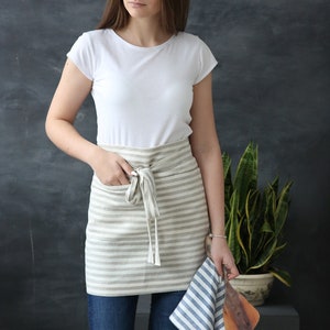 Half linen apron natural or blue striped for women