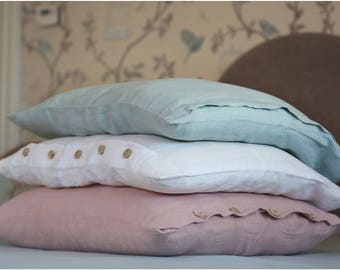 Stonewashed linen pillowcases with wood buttons, pillow cover to linen bedding set