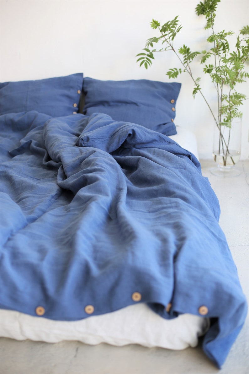 3 piece linen bedding set in blue color Linen duvet cover and 2 pillowcases Linen bedding Queen Linen bedding King image 1