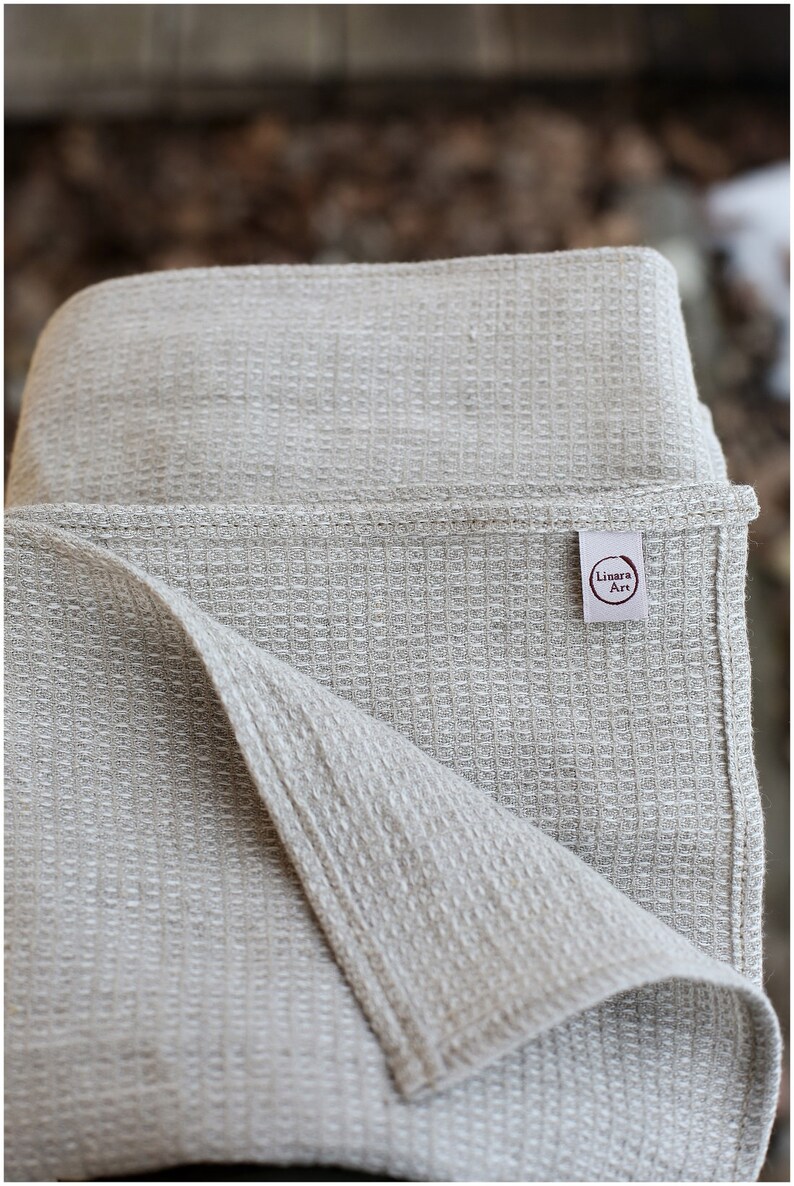 100 Linen Waffle Bath Towel Green With Natural Linen Color Etsy