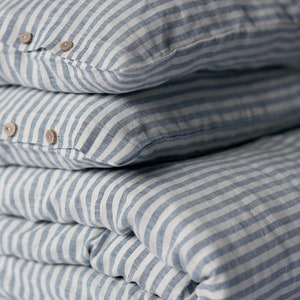 Striped linen bedding set. Blue and white striped duvet cover with pillowcases. image 8