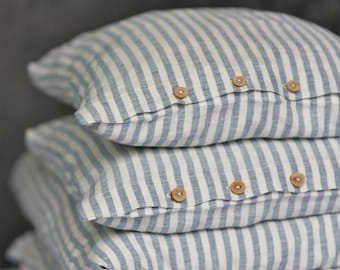 Striped linen bedding set. Blue and white striped duvet cover with pillowcases.