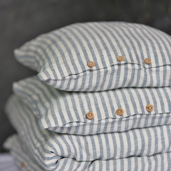 Striped linen bedding set. Blue and white striped duvet cover with pillowcases.