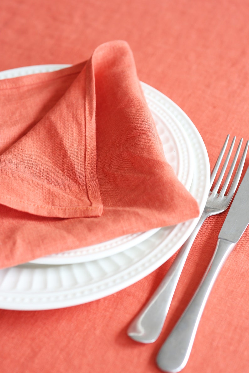 Linen tablecloth for dining in coral color, Kitchen custom tablecloth, Rectangle table linens, Handmade Christmas tablecloth image 3