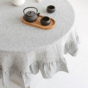 Round ruffle tablecloth from stonewashed linen, Easter linen tablecloth with ruffle, Custom size linens cloth, Romantic wedding table linens Black with white