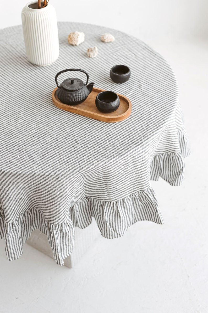 Round ruffle tablecloth from stonewashed linen, Easter linen tablecloth with ruffle, Custom size linens cloth, Romantic wedding table linens Black with white