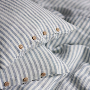 Striped blue linen duvet cover and pillowcases Blue linen bedding set Queen king bedding 画像 1