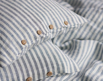 Striped blue linen duvet cover and pillowcases - Blue linen bedding set - Queen king bedding