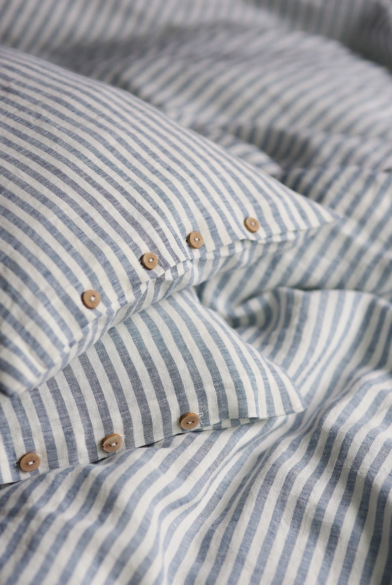 Striped blue linen duvet cover and pillowcases Blue linen bedding set Queen king bedding image 1