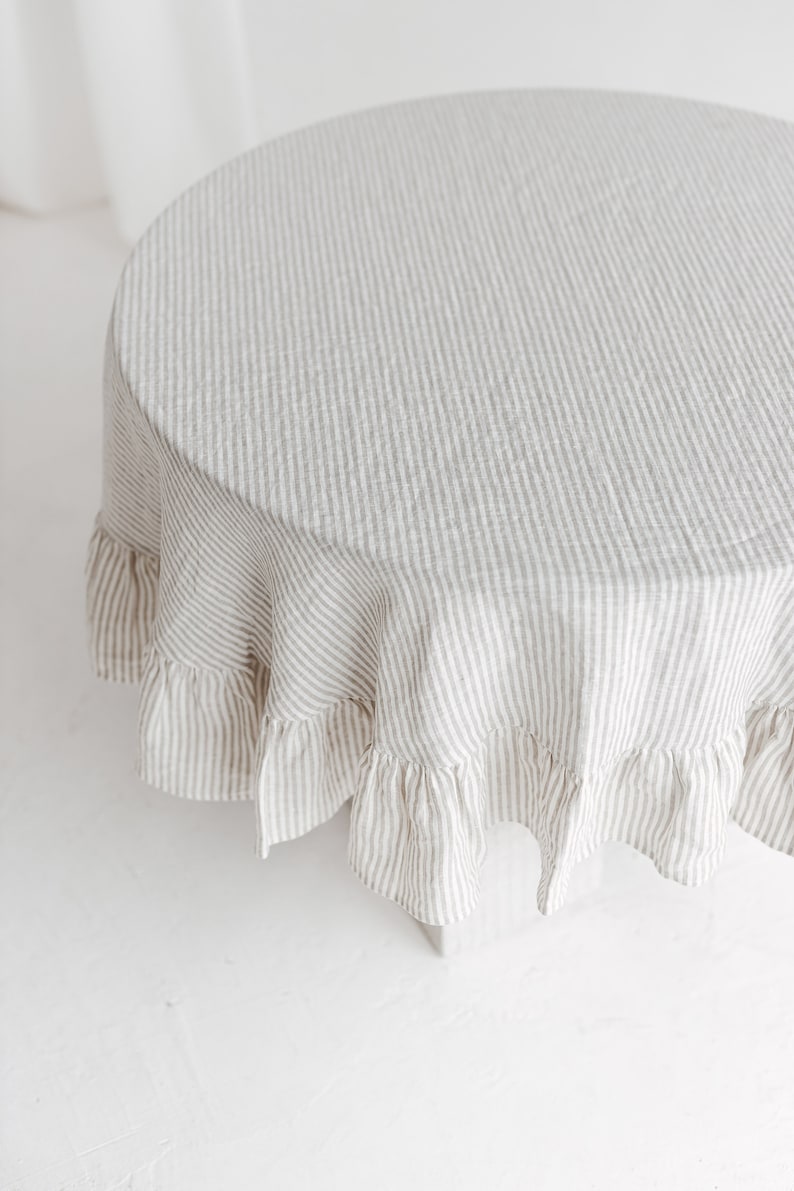 Round ruffle tablecloth from stonewashed linen, Easter linen tablecloth with ruffle, Custom size linens cloth, Romantic wedding table linens image 5