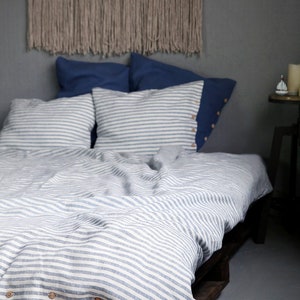 Striped linen bedding set. Blue and white striped duvet cover with pillowcases. image 3