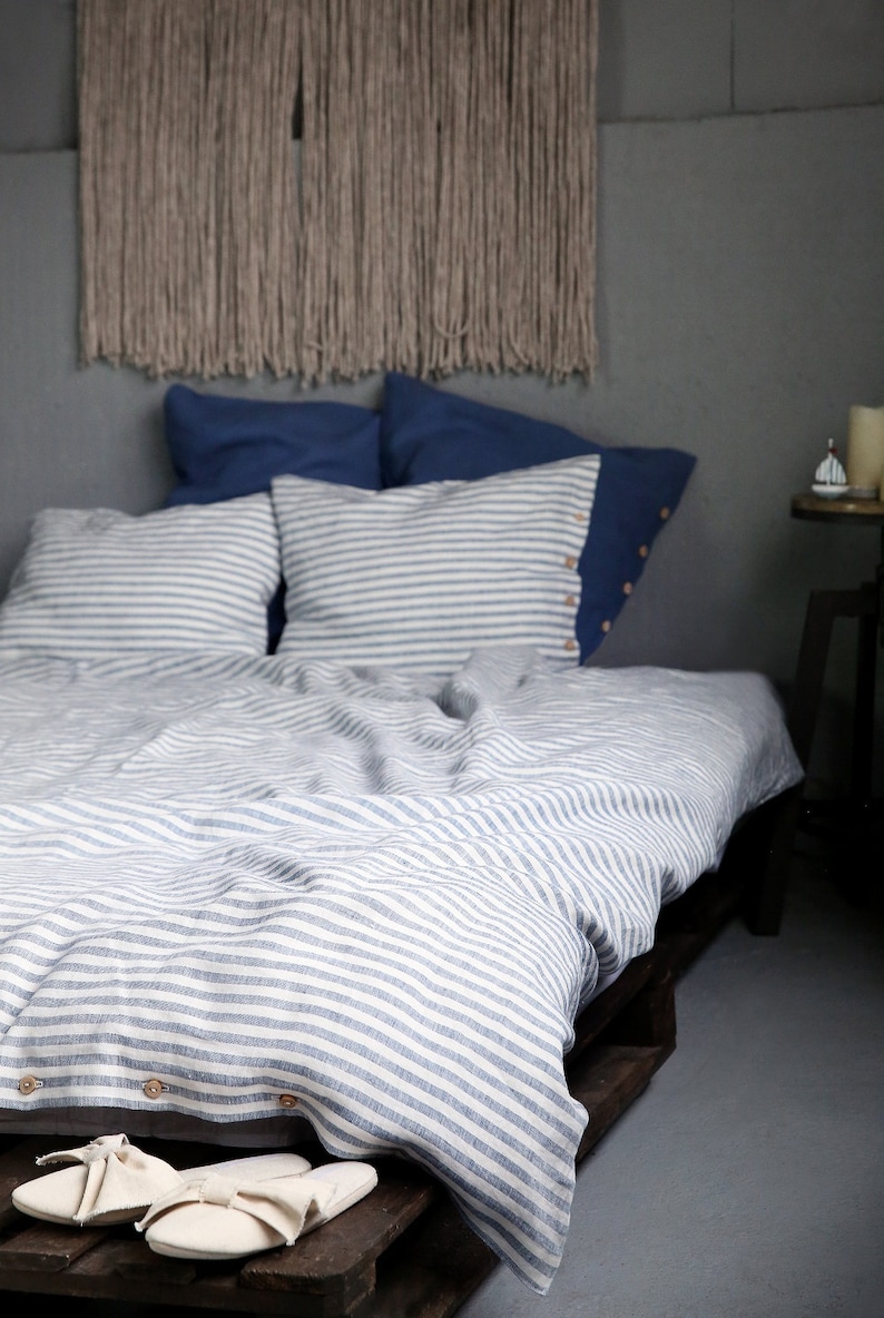 Striped linen bedding set. Blue and white striped duvet cover with pillowcases. image 3