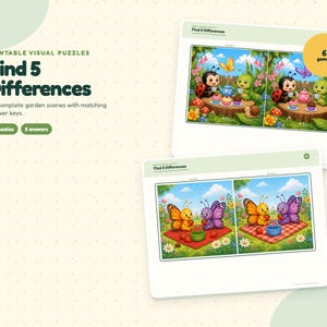 May include: Printable visual puzzle sheets titled Find 5 Differences featuring six garden scenes with matching answer keys. The pages display colorful illustrations of ladybugs, caterpillars, and butterflies in nature settings with text labels.