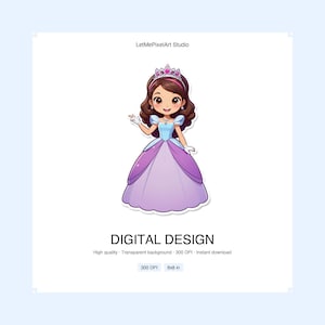 Peut inclure: Une conception numérique d'une princesse de dessin animé aux cheveux bruns, avec un diadème et une robe violette et bleue. Le texte "DIGITAL DESIGN" est en dessous de l'image, avec des détails sur la qualité et la taille de l'image, 20.32 x 20.32 cm.