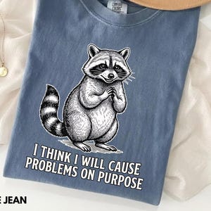 May include: Blue jean colored t-shirt with a graphic of a raccoon with the text "I THINK I WILL CAUSE PROBLEMS ON PURPOSE". A tan hat and gold necklace are also visible.