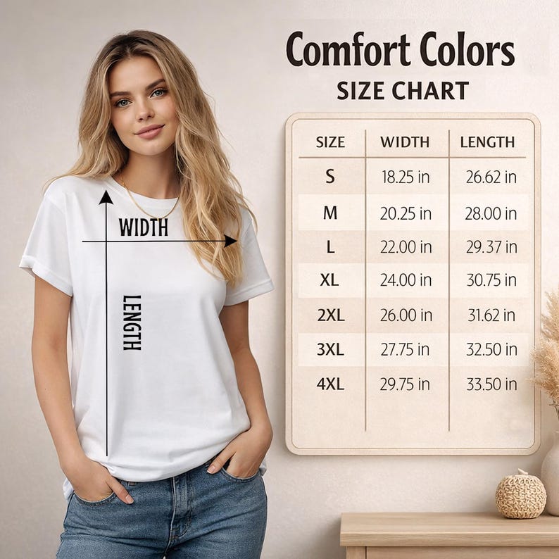 K&ouml;nnte beinhalten: Eine Frau tr&auml;gt ein wei&szlig;es T-Shirt, mit einer Gr&ouml;&szlig;entabelle "Comfort Colors" rechts. Die Tabelle listet die Gr&ouml;&szlig;en S bis 4XL mit Breiten- und L&auml;ngenma&szlig;en in Zoll auf. Breite und L&auml;nge des Shirts sind mit Pfeilen gekennzeichnet.