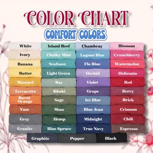 K&ouml;nnte beinhalten: Farbtabelle mit Stoffmustern in einer Vielzahl von Farben, von Wei&szlig; und Elfenbein bis hin zu Schwarz und Espresso. Der Text "COLOR CHART" und "COMFORT COLORS" ist oben abgebildet.