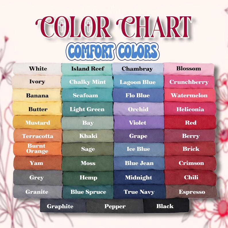 K&ouml;nnte beinhalten: Farbtabelle mit Stoffmustern in einer Vielzahl von Farben, von Wei&szlig; und Elfenbein bis hin zu Schwarz und Espresso. Der Text "COLOR CHART" und "COMFORT COLORS" ist oben abgebildet.