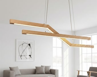 Handmade Wooden LED Pendant Light - Custom Linear Oak Chandelier for Kitchen Island, Dining Table & Living Room - Dimmable Ceiling Light