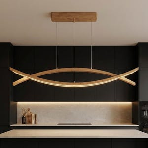 Lámpara LED de madera curvada – Lámpara colgante hecha a mano y personalizada – Lámpara escultural de roble para comedor, isla de cocina o sala de estar imagen 3